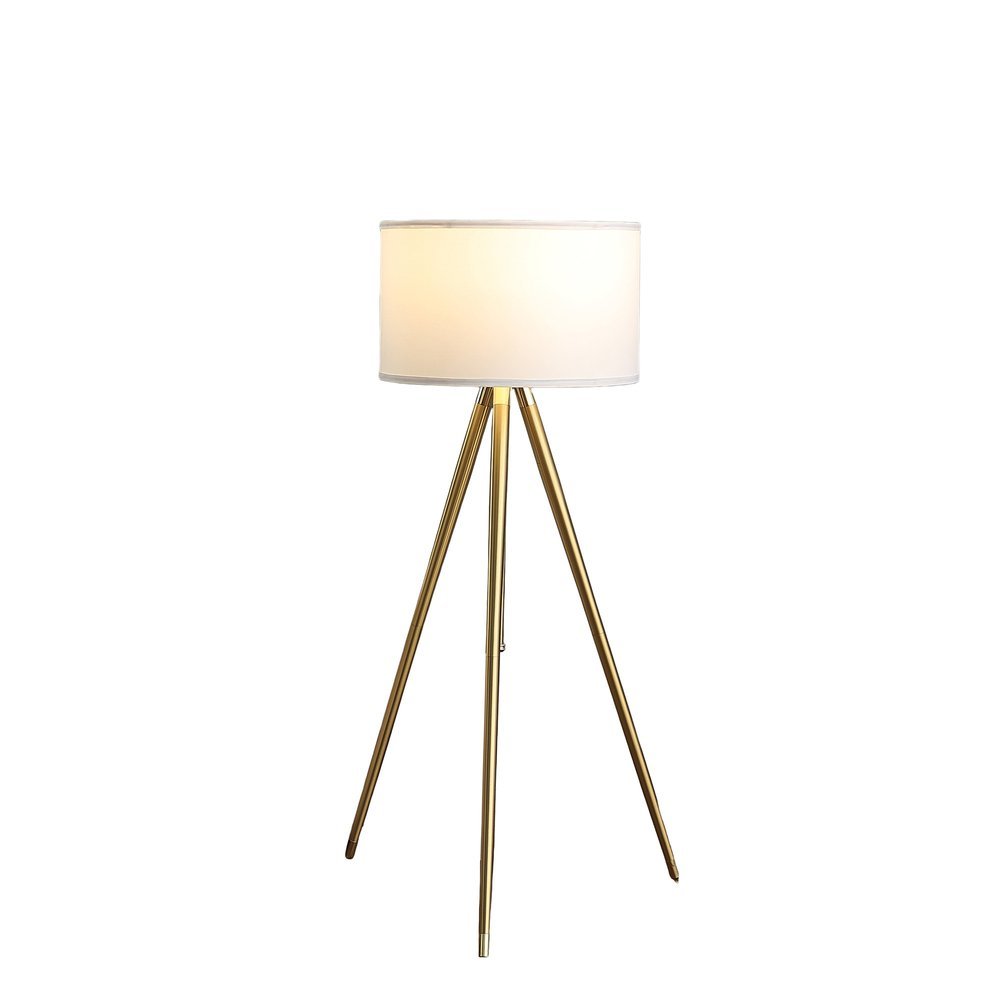 Gold Metal Adjustable Tripod Floor Lamp With White Linen Drum Shade - Anthony & Home