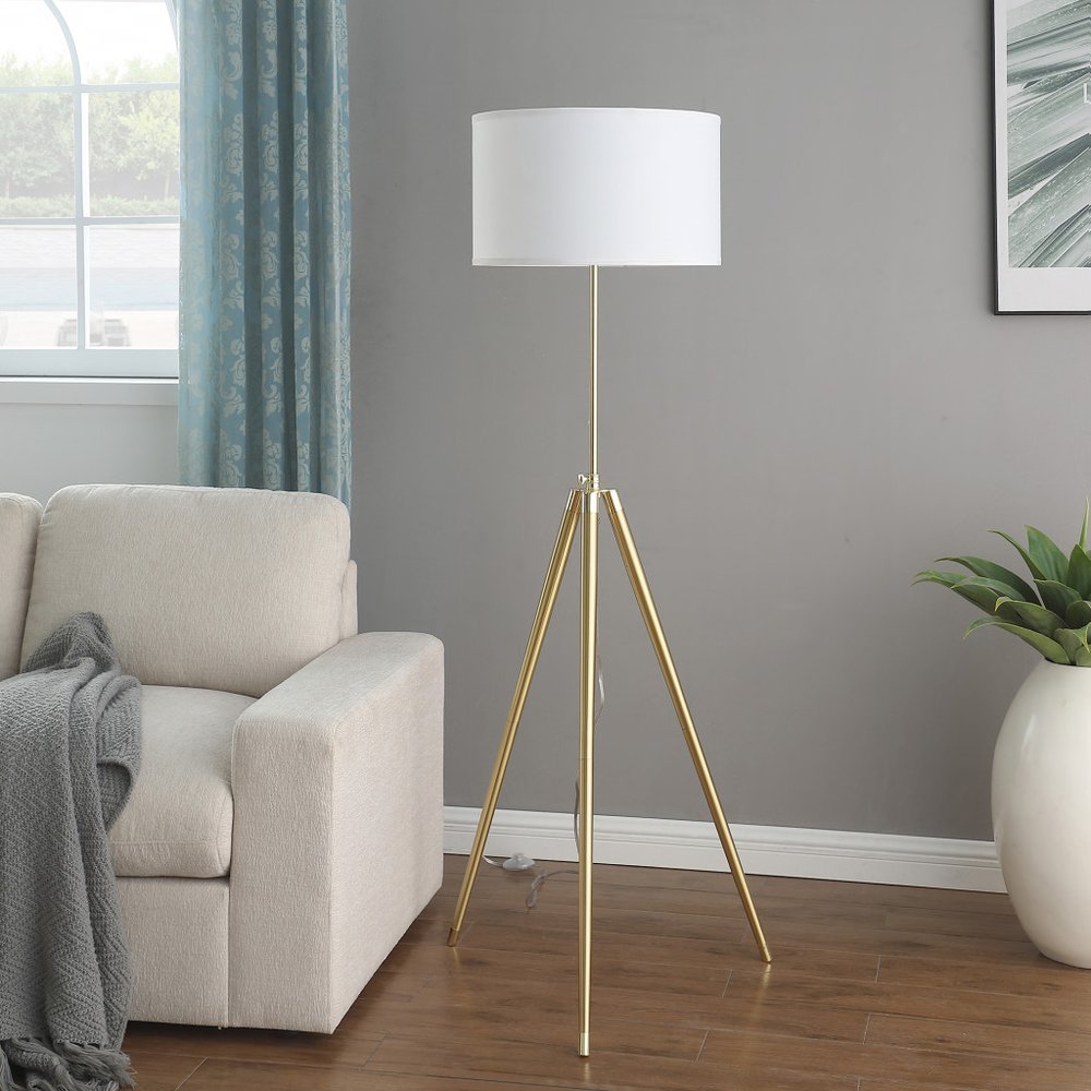 Gold Metal Adjustable Tripod Floor Lamp White Linen Shade