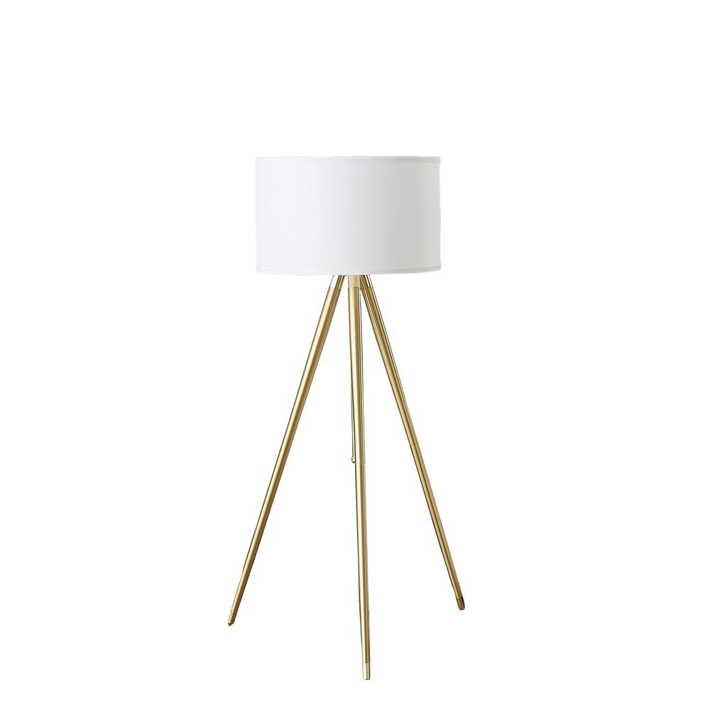 Gold Metal Adjustable Tripod Floor Lamp With White Linen Drum Shade - Anthony & Home