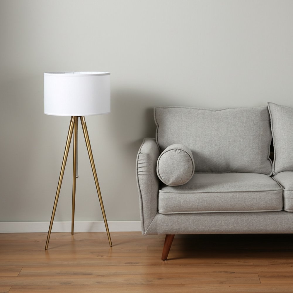 Gold Metal Adjustable Tripod Floor Lamp White Linen Shade
