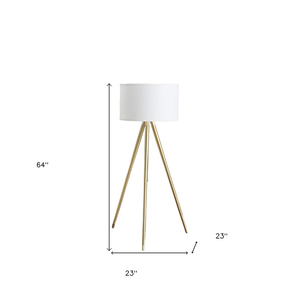 Gold Metal Adjustable Tripod Floor Lamp With White Linen Drum Shade - Anthony & Home