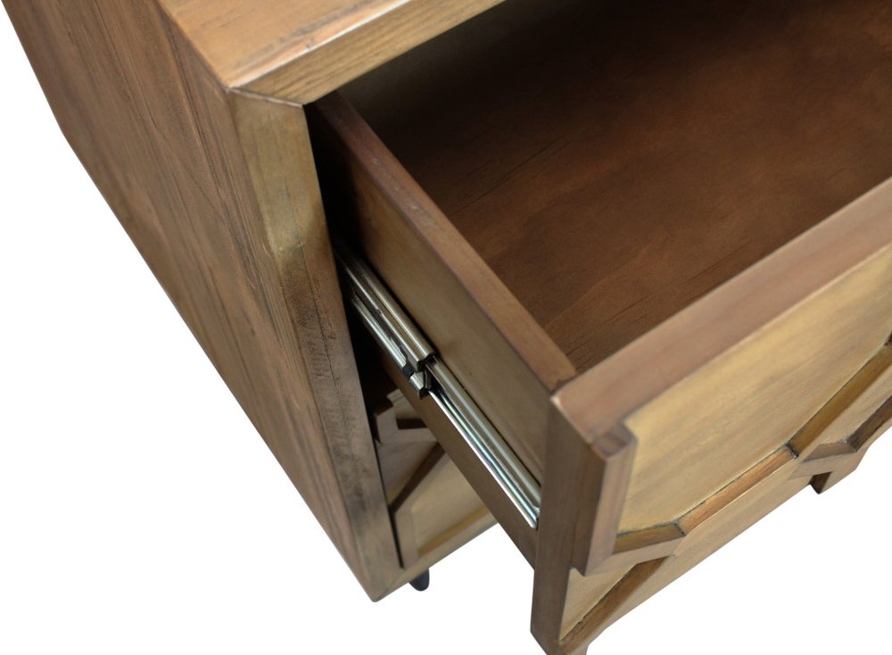 28" Natural Two Drawer Distressed Carved Geometric Solid Wood Nightstand