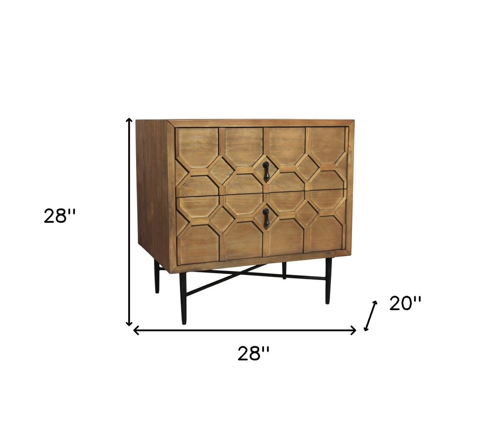 28" Natural Two Drawer Distressed Carved Geometric Solid Wood Nightstand
