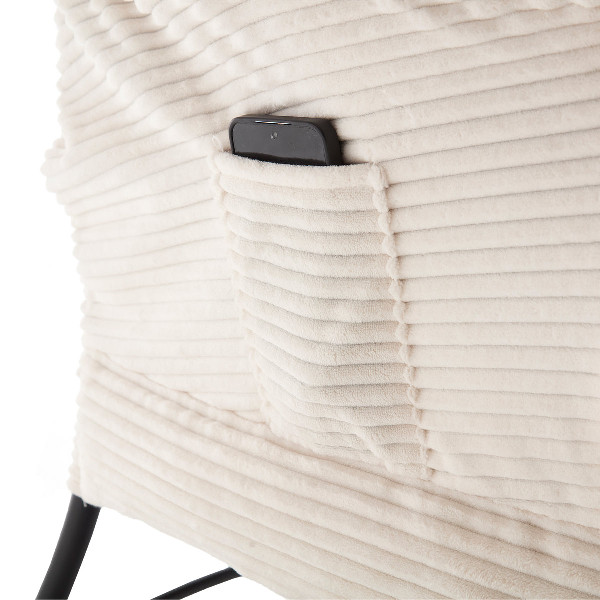 Ivory upholstered lounge chair with matching ottoman and side pocket, modern reading nook accent by Anthony & Home