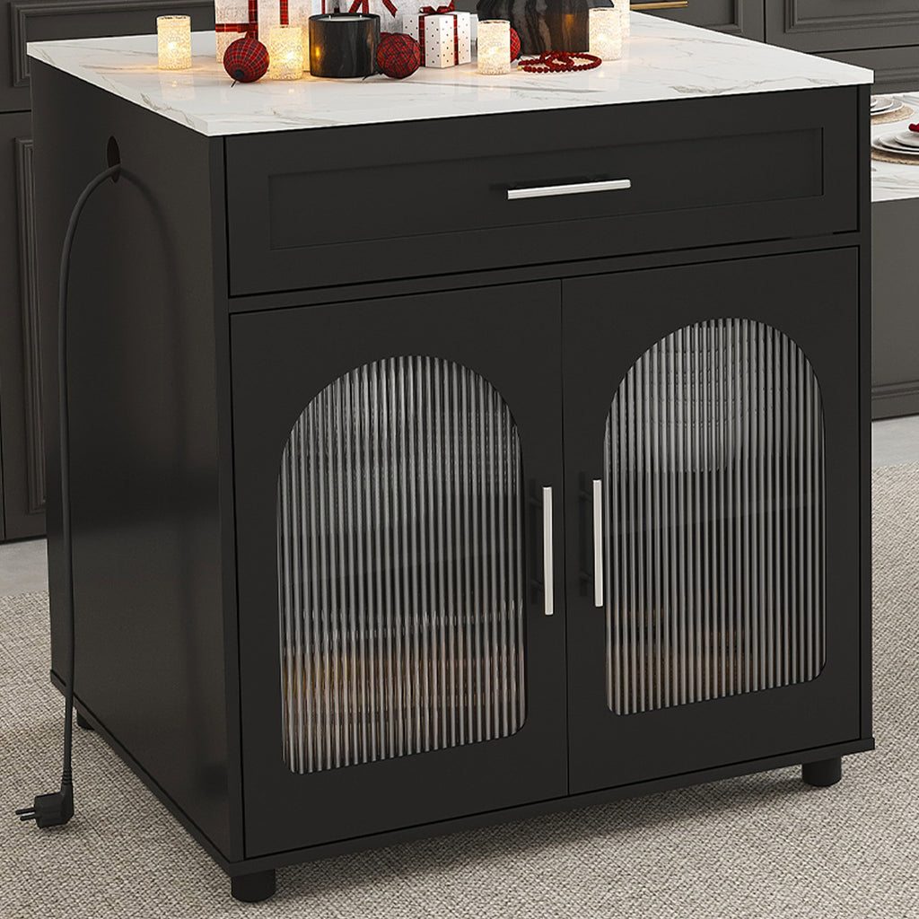 Black Expandable Kitchen Island with Marble - Grain Countertop, Power Outlet, Mobile Storage Cart with Cabinet & 2 Drawers, 80 - Inch Dining Table - Anthony & Home