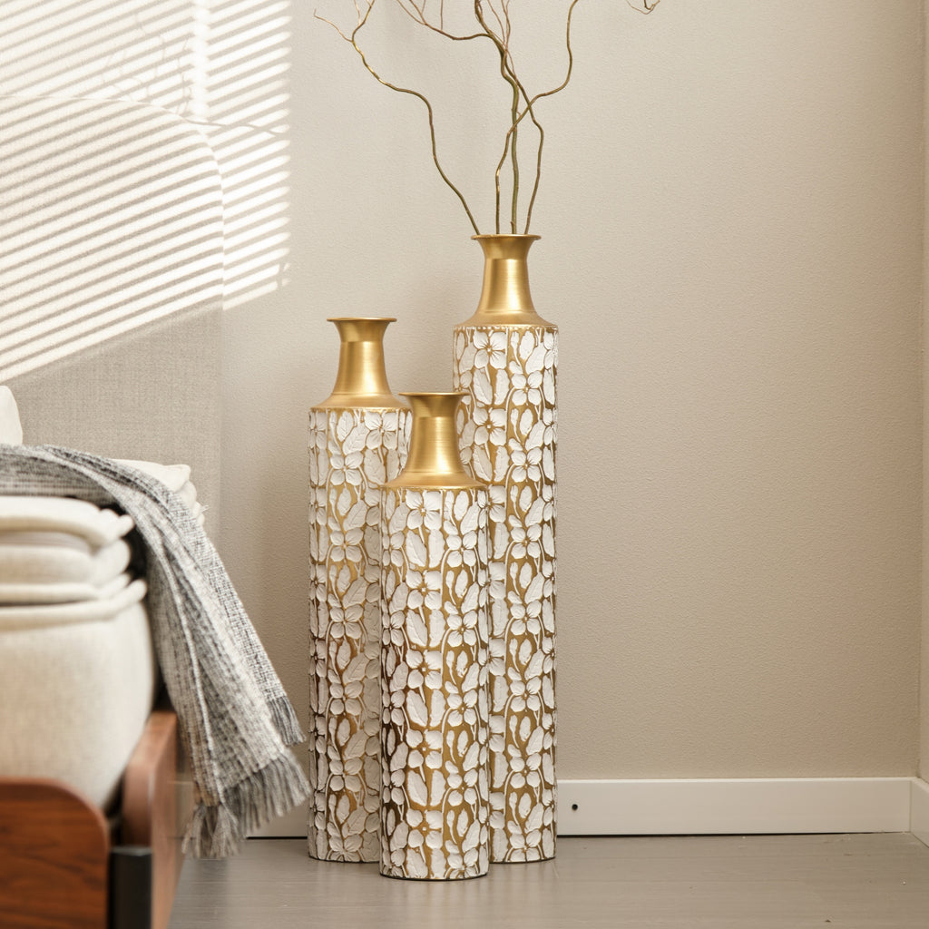 Heritage Collection Floor Vase Trio by Anthony & Home featuring elegant ceramic vases in varying sizes with intricate patterns.