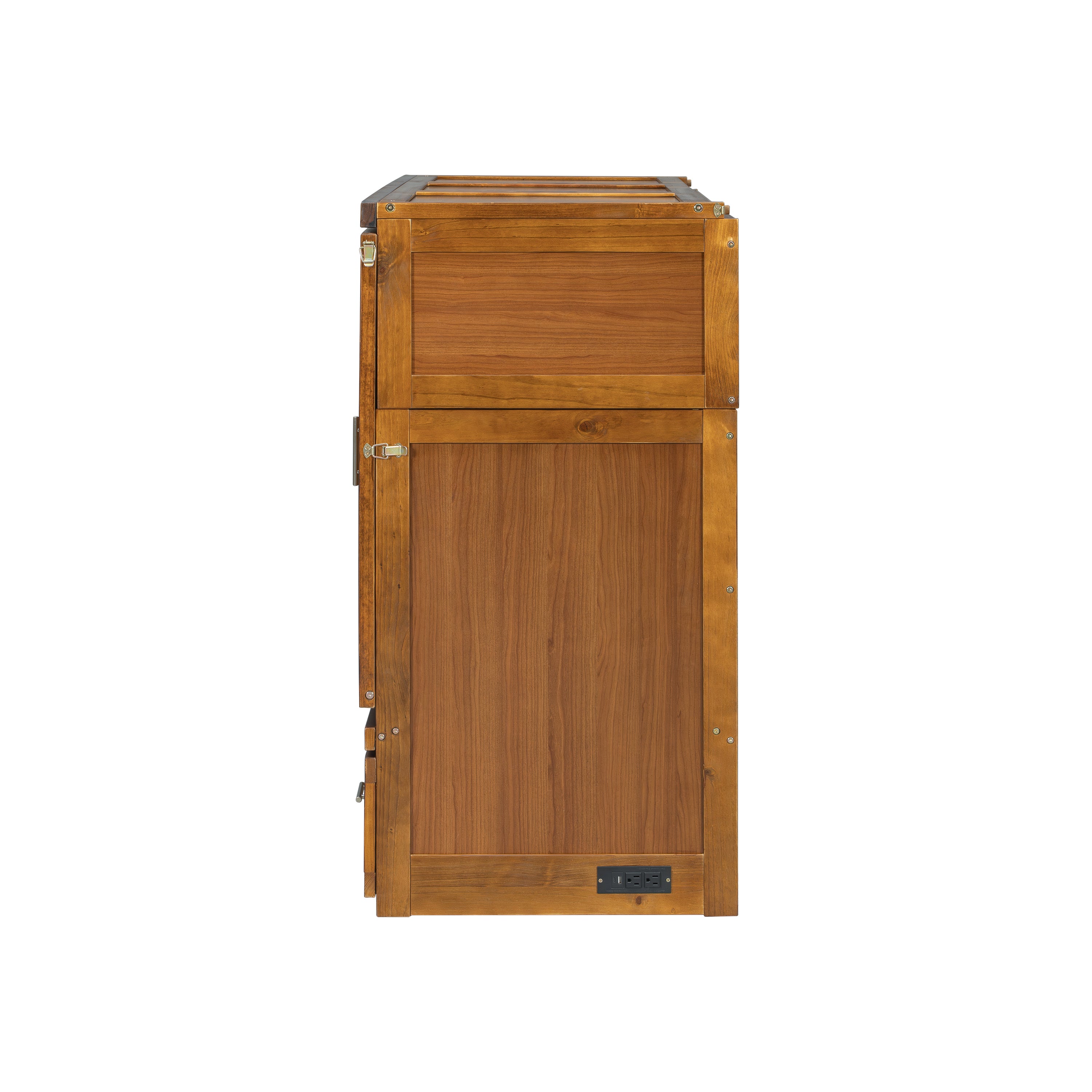 Queen size Walnut Murphy Bed cabinet by Anthony & Home featuring geometric panels and built-in USB charging ports.