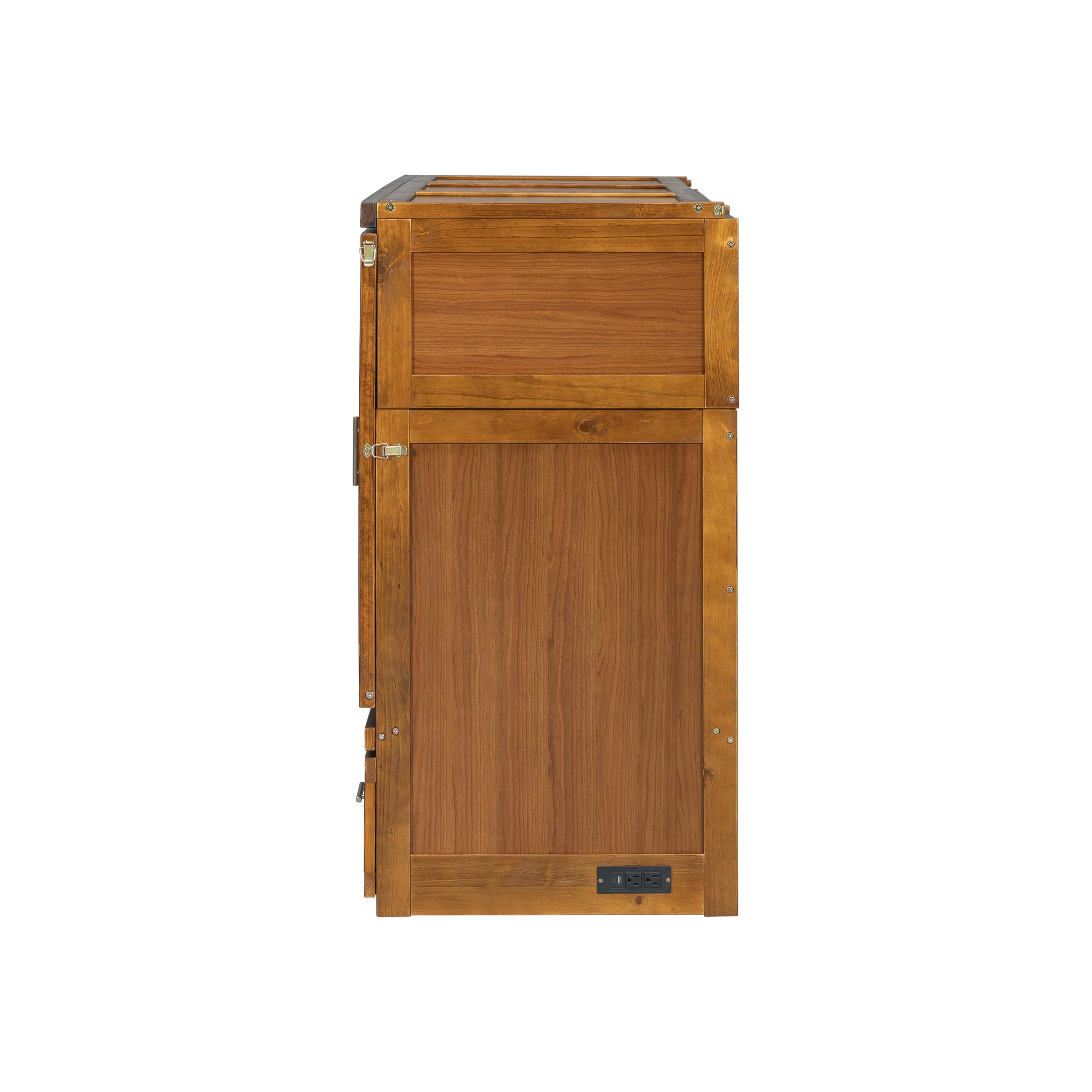 Queen size Walnut Murphy Bed cabinet by Anthony & Home featuring geometric panels and built-in USB charging ports.