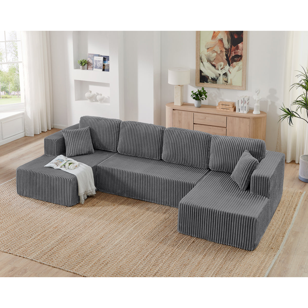 U-shape corduroy modular sectional sofa in beige fabric by Anthony & Home, shown in a modern living room setting.