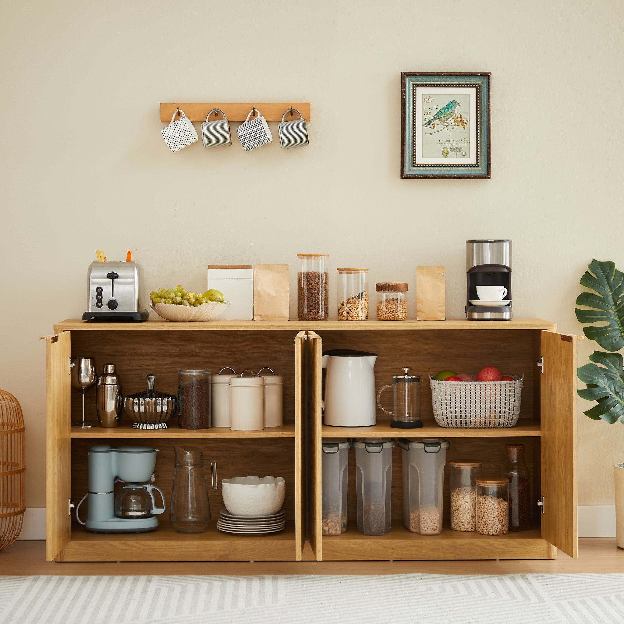 Anthony & Home Signature Curved Contour Sideboard with 4 doors, natural finish, 59-inch storage cabinet, modern design