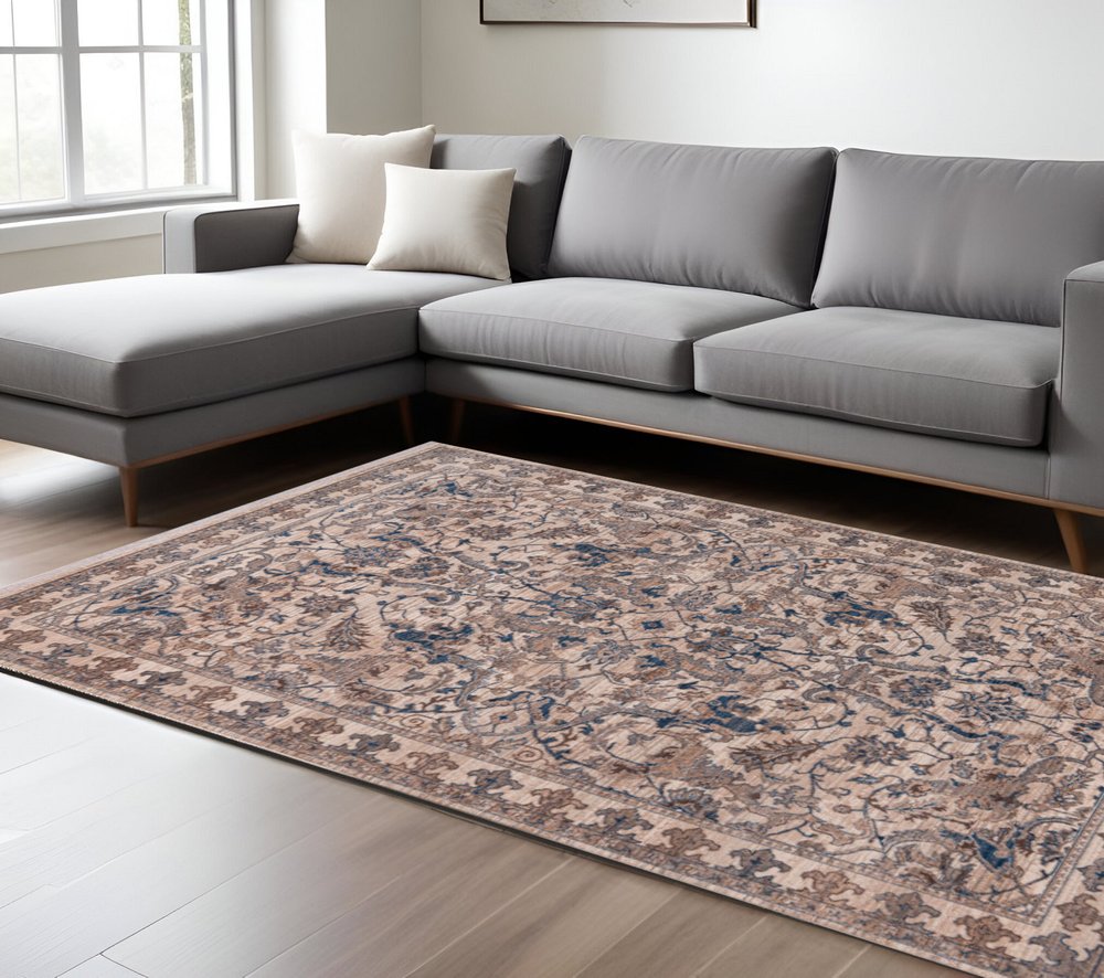 9' X 13' Tan And Blue Oriental Area Rug With Fringe