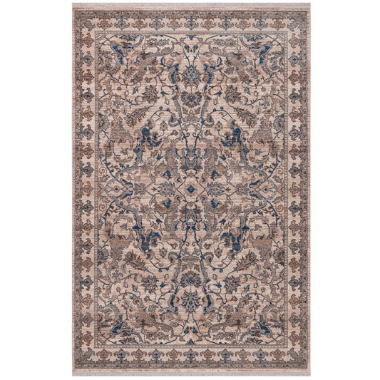 9' X 13' Tan And Blue Oriental Area Rug With Fringe