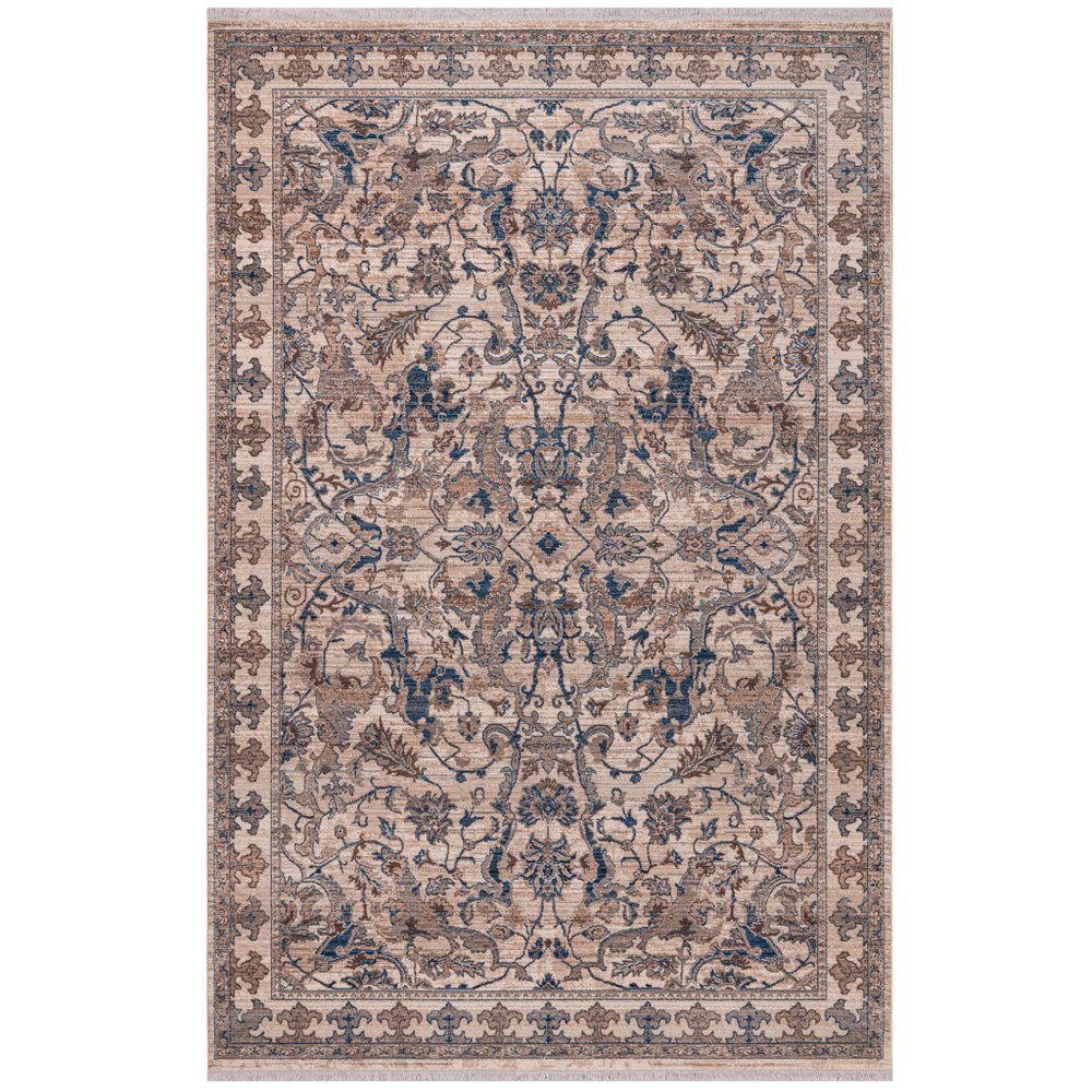 9' X 13' Tan And Blue Oriental Area Rug With Fringe