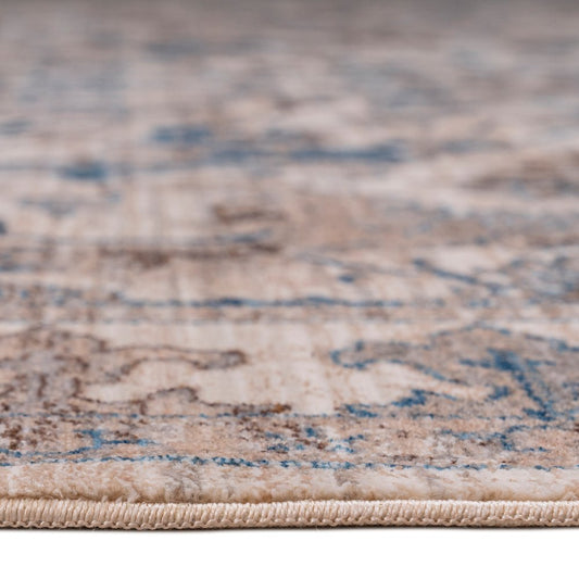 9' X 13' Tan And Blue Oriental Area Rug With Fringe