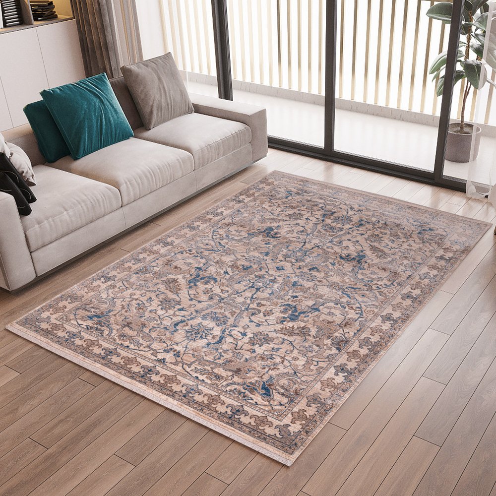 9' X 13' Tan And Blue Oriental Area Rug With Fringe