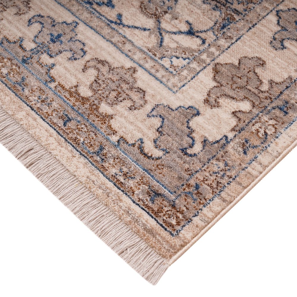 9' X 13' Tan And Blue Oriental Area Rug With Fringe