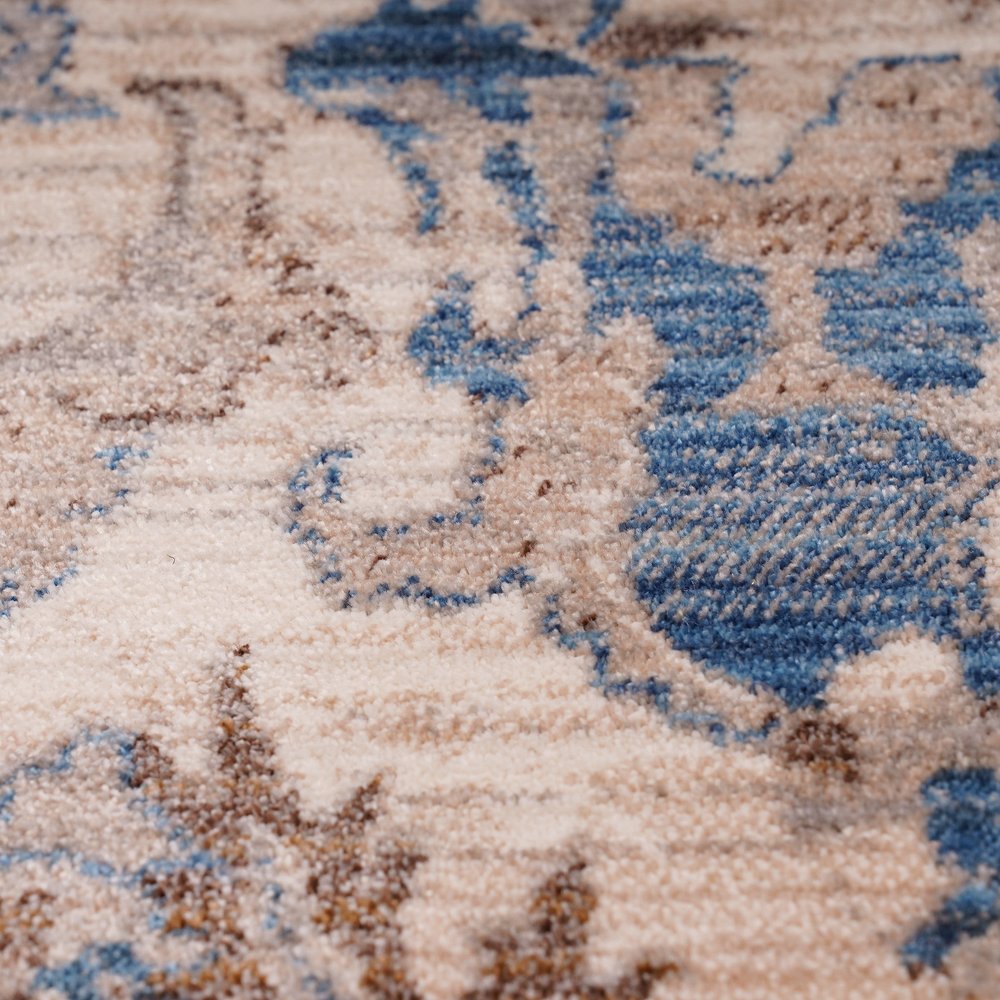 9' X 13' Tan And Blue Oriental Area Rug With Fringe