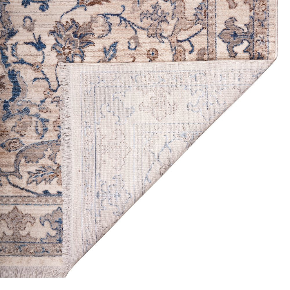 9' X 13' Tan And Blue Oriental Area Rug With Fringe