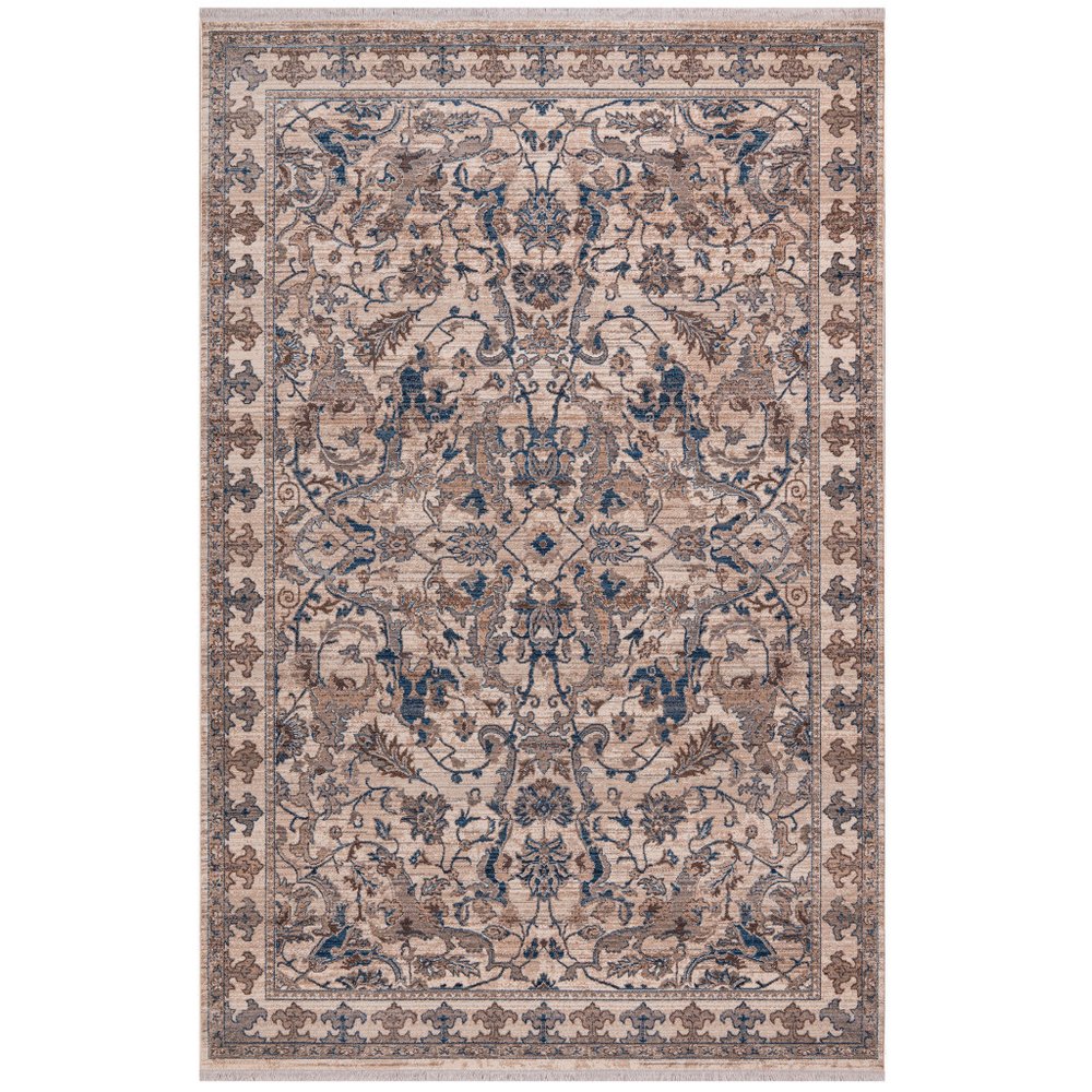 9' X 13' Tan And Blue Oriental Area Rug With Fringe
