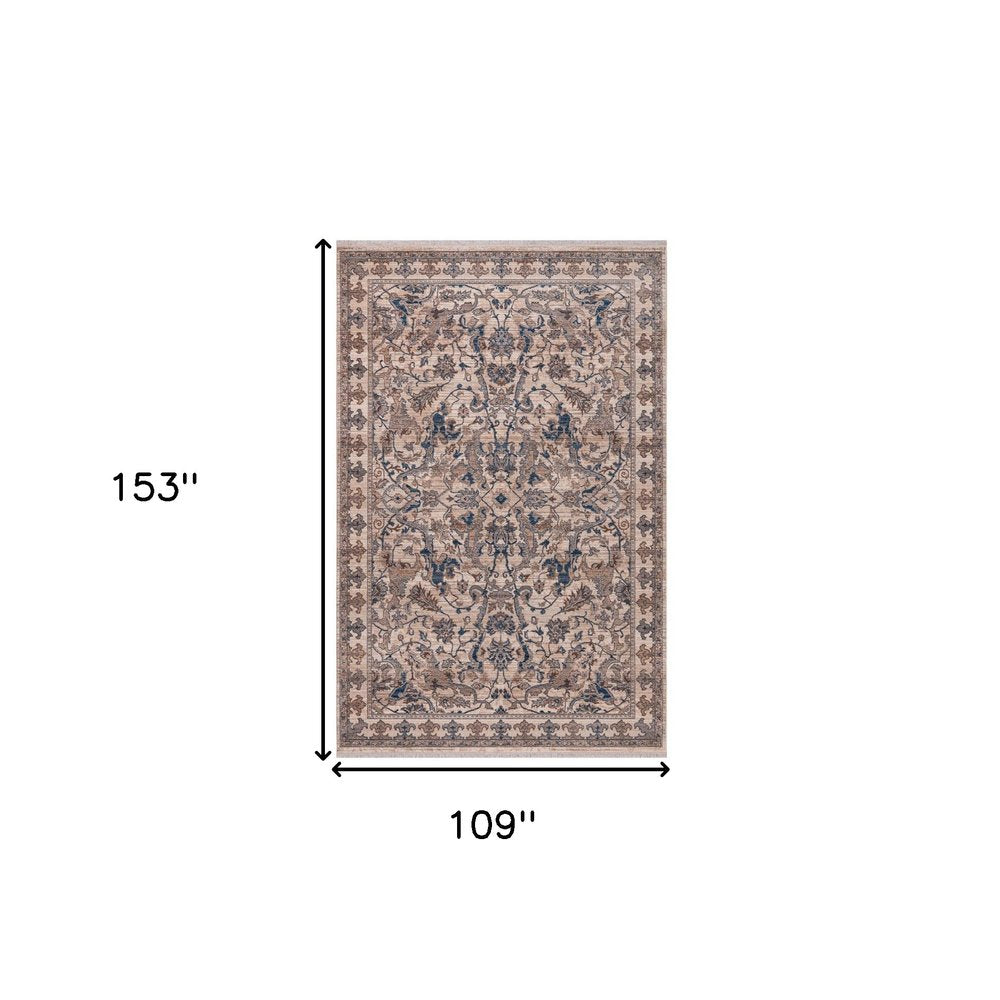 9' X 13' Tan And Blue Oriental Area Rug With Fringe