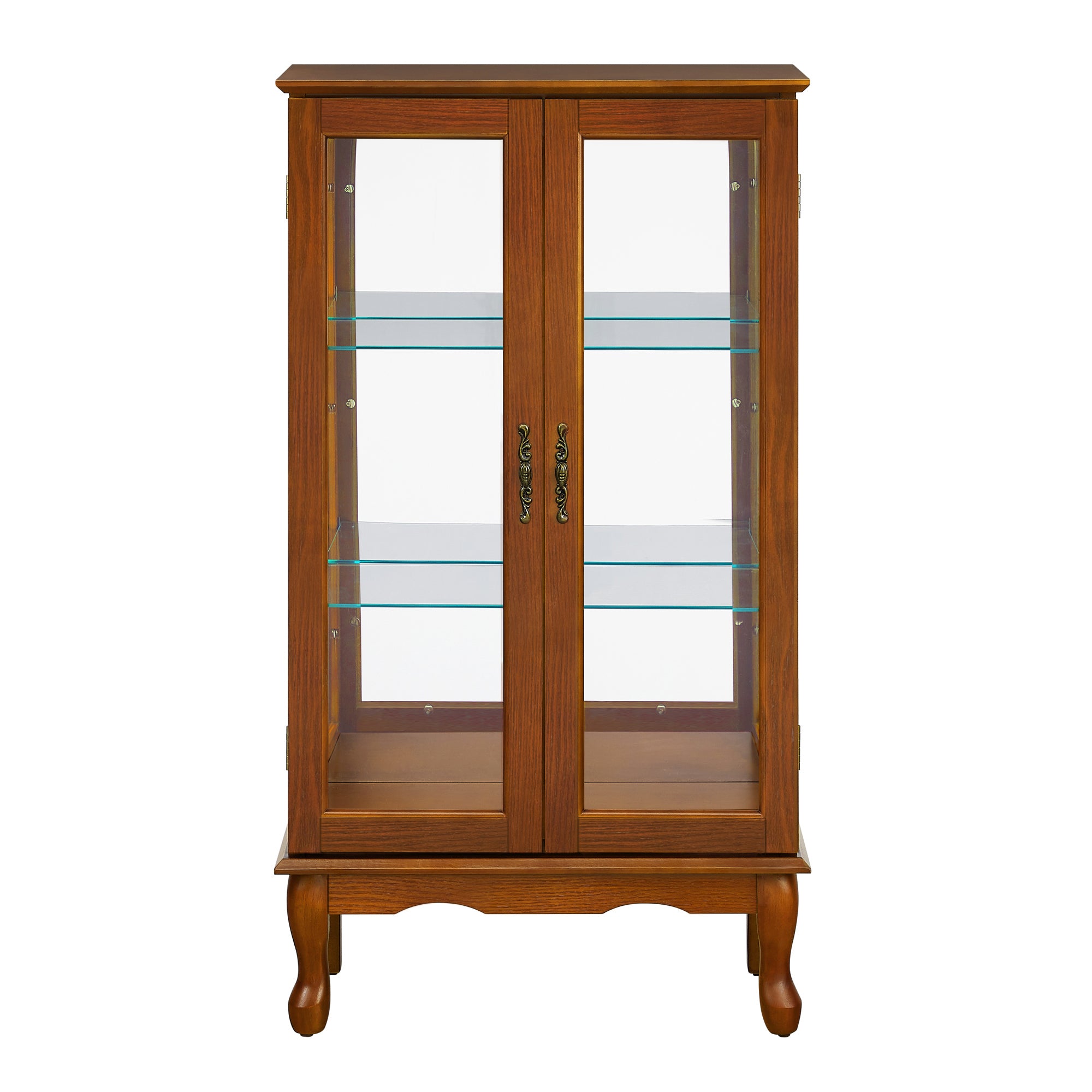 Oak finish lighted curio cabinet with mirrored back, showcasing glass shelves and elegant design by Anthony & Home