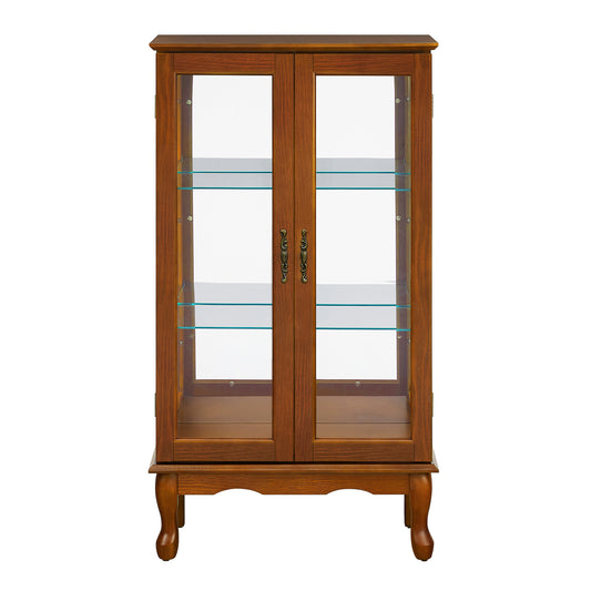 Oak Finish Exclusive Lighted Curio Cabinet With Mirrored Back And Tempered Glass Doors 3 Tier Corner Display