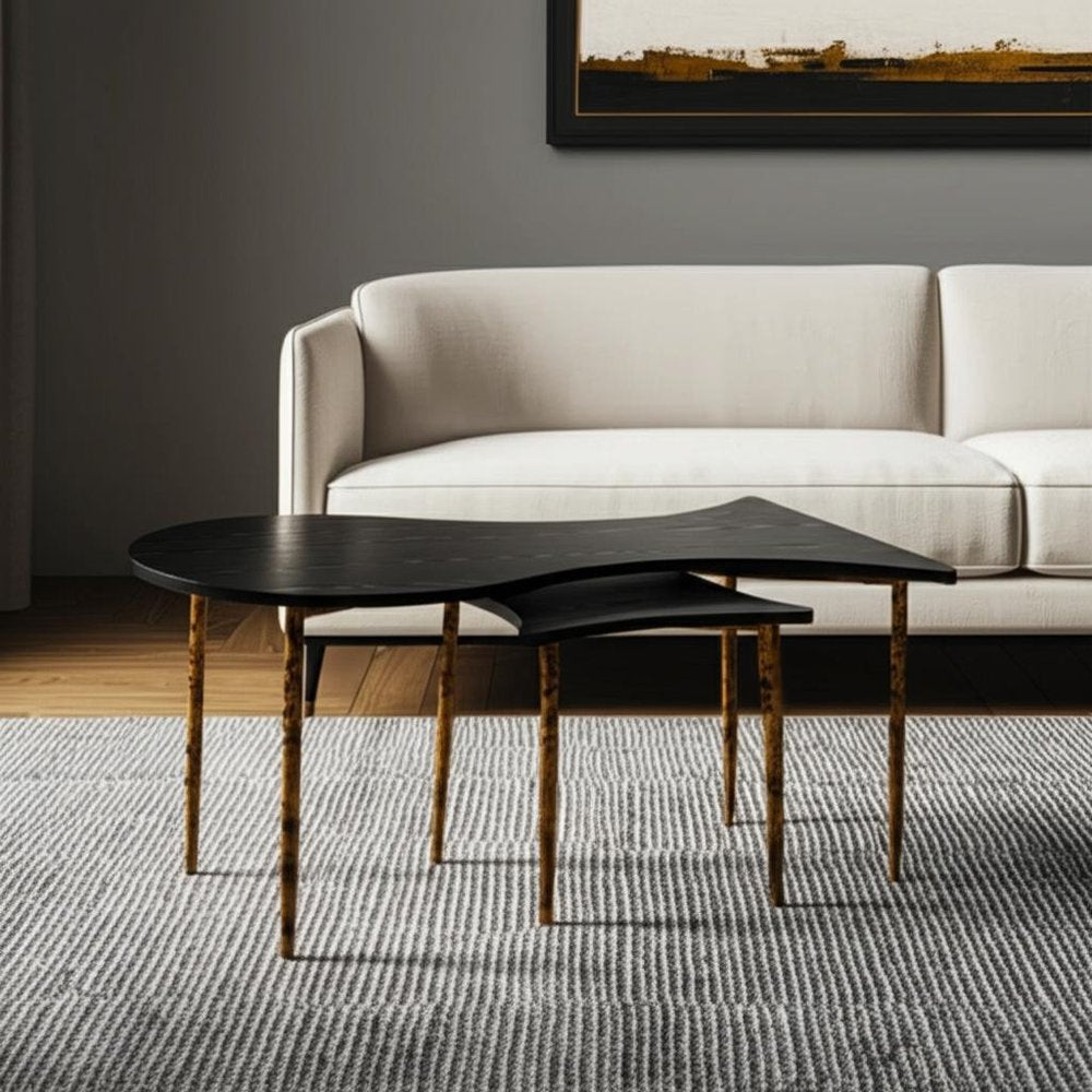 Set of Two Black and Bronze Wood and Steel Free Form Coffee And End Table