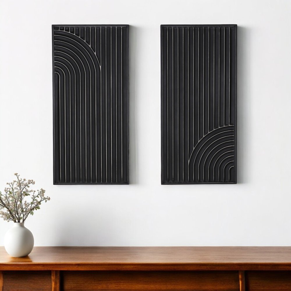Set of Two Black Metal Abstract Hanging Dimensional Sculptures