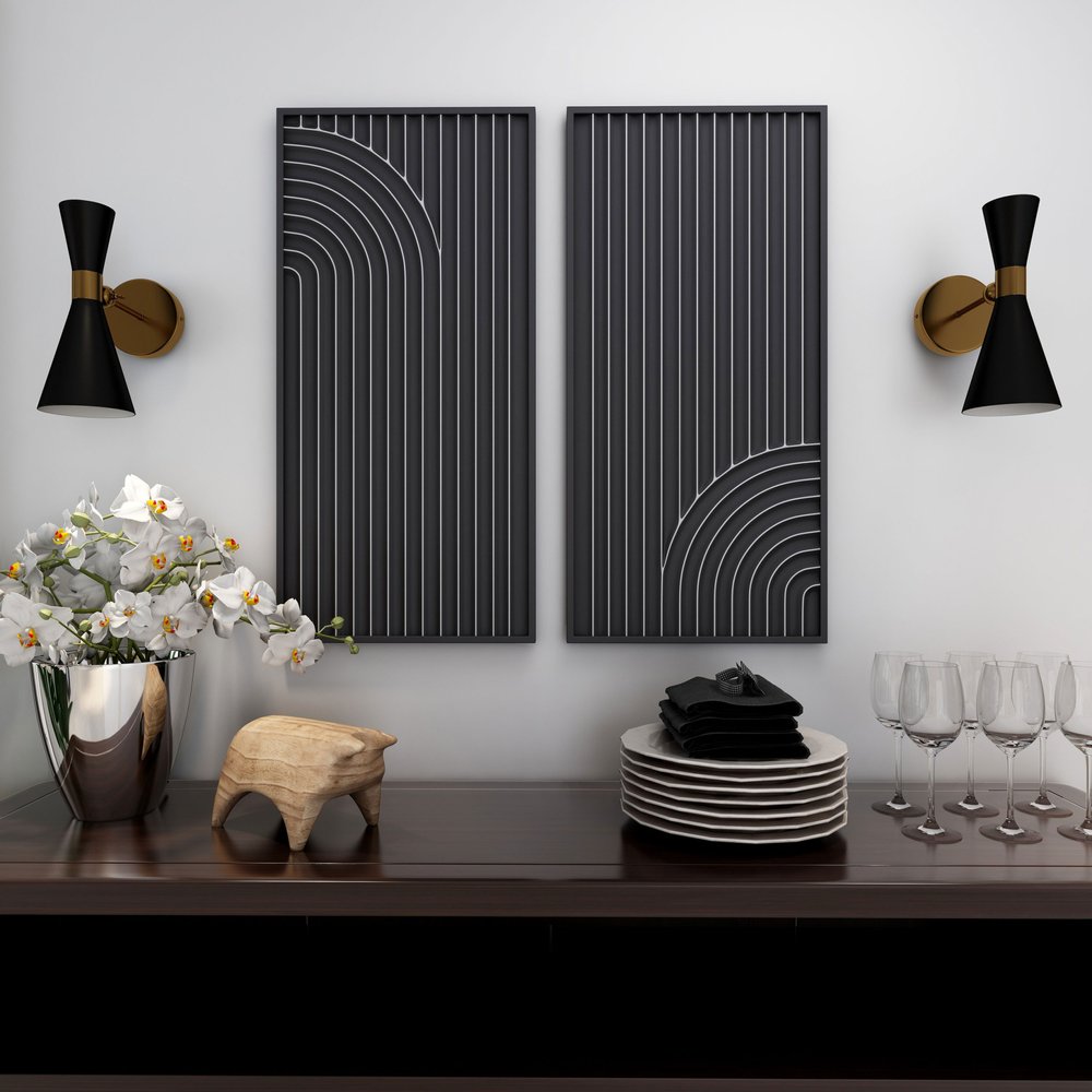 Set of Two Black Metal Abstract Hanging Dimensional Sculptures