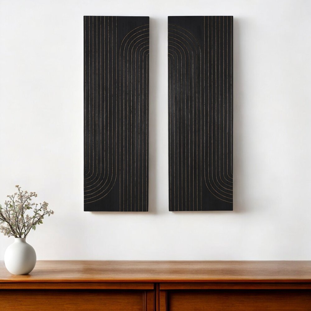 Set of Two 36" X 12" Black Carved Wood Hanging Dimensional Sculptures