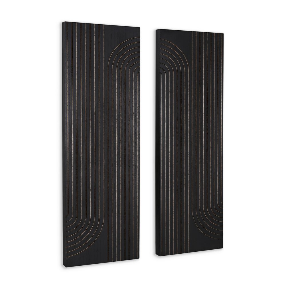 Set of Two 36" X 12" Black Carved Wood Hanging Dimensional Sculptures