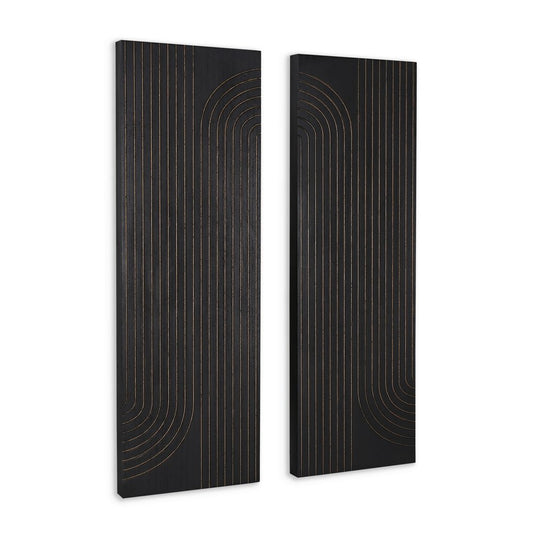 Set of Two 36" X 12" Black Carved Wood Hanging Dimensional Sculptures