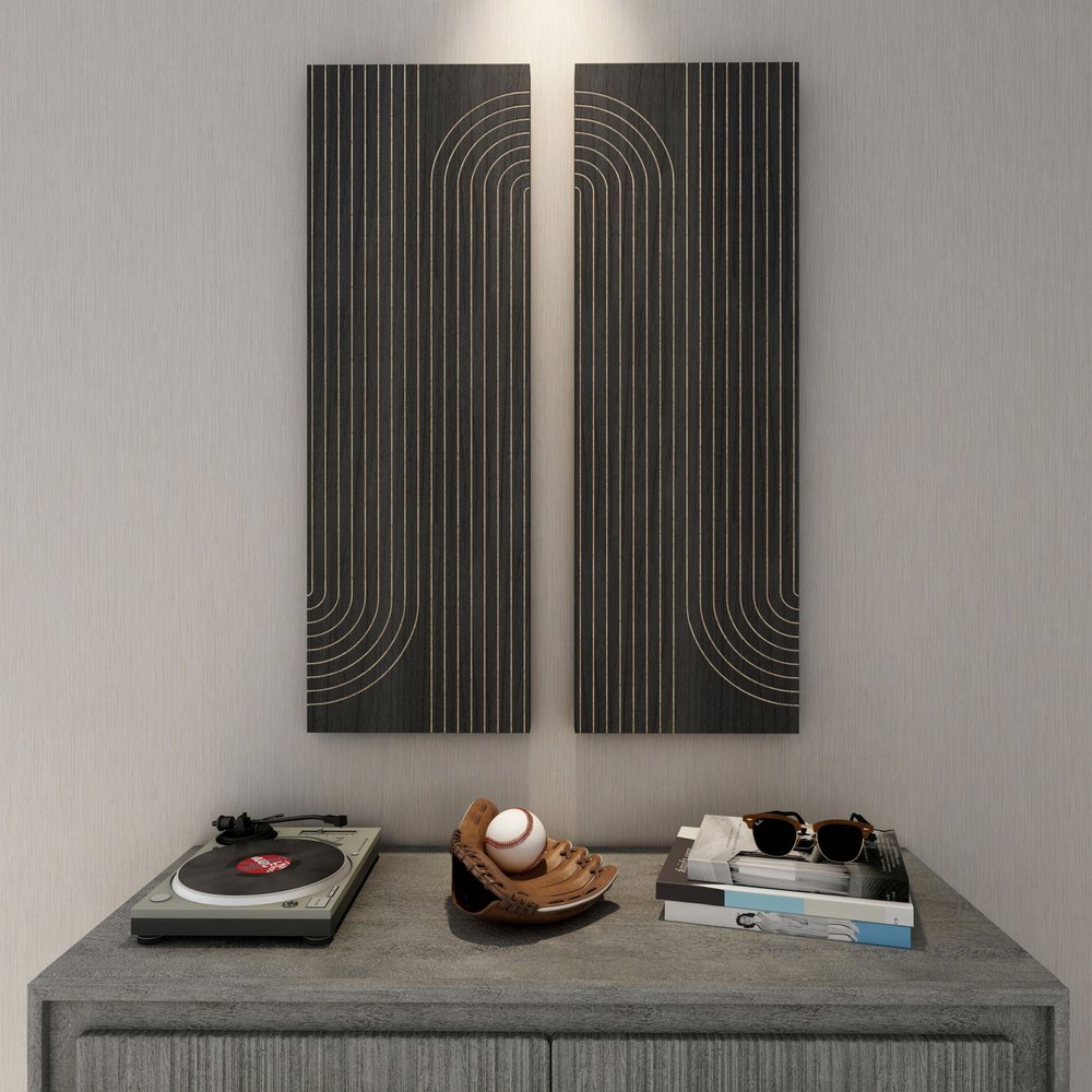 Set of Two 36" X 12" Black Carved Wood Hanging Dimensional Sculptures