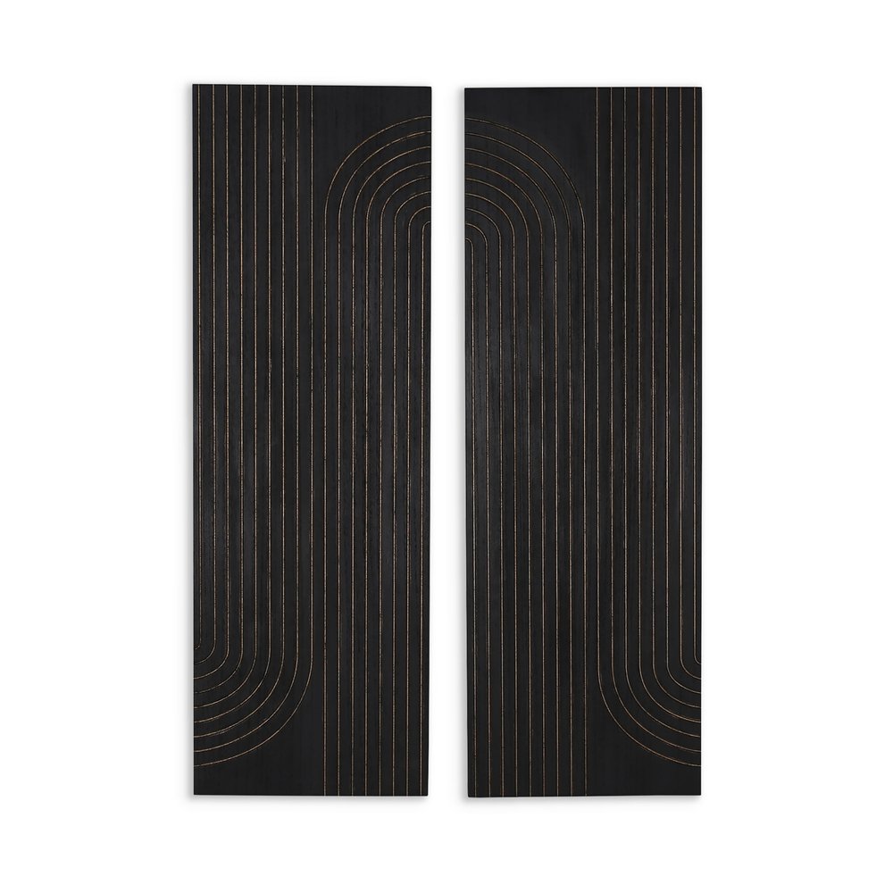 Set of Two 36" X 12" Black Carved Wood Hanging Dimensional Sculptures