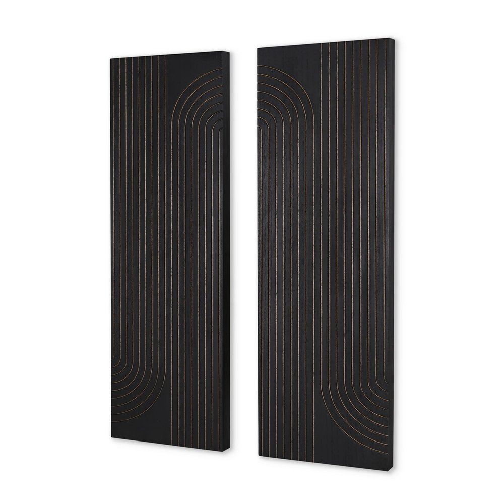 Set of Two 36" X 12" Black Carved Wood Hanging Dimensional Sculptures