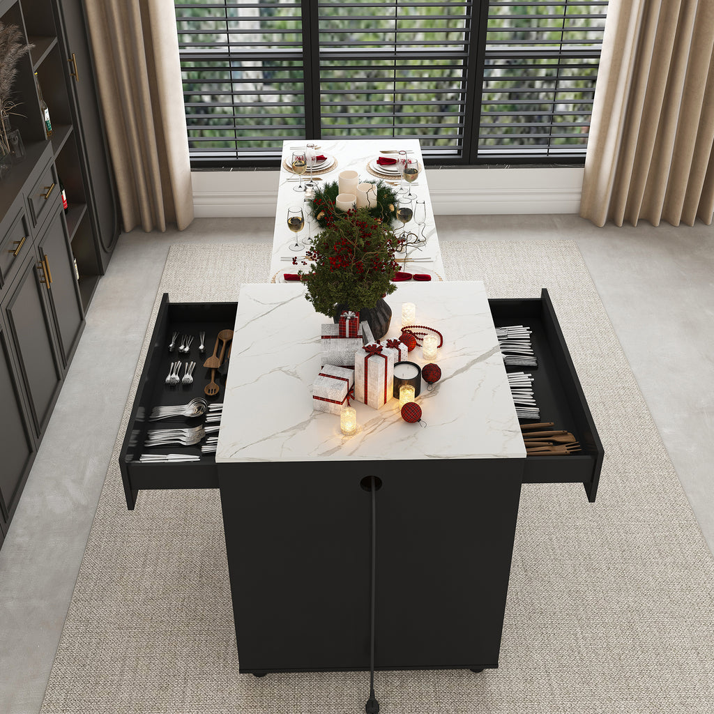 Black Expandable Kitchen Island with Marble - Grain Countertop, Power Outlet, Mobile Storage Cart with Cabinet & 2 Drawers, 80 - Inch Dining Table - Anthony & Home