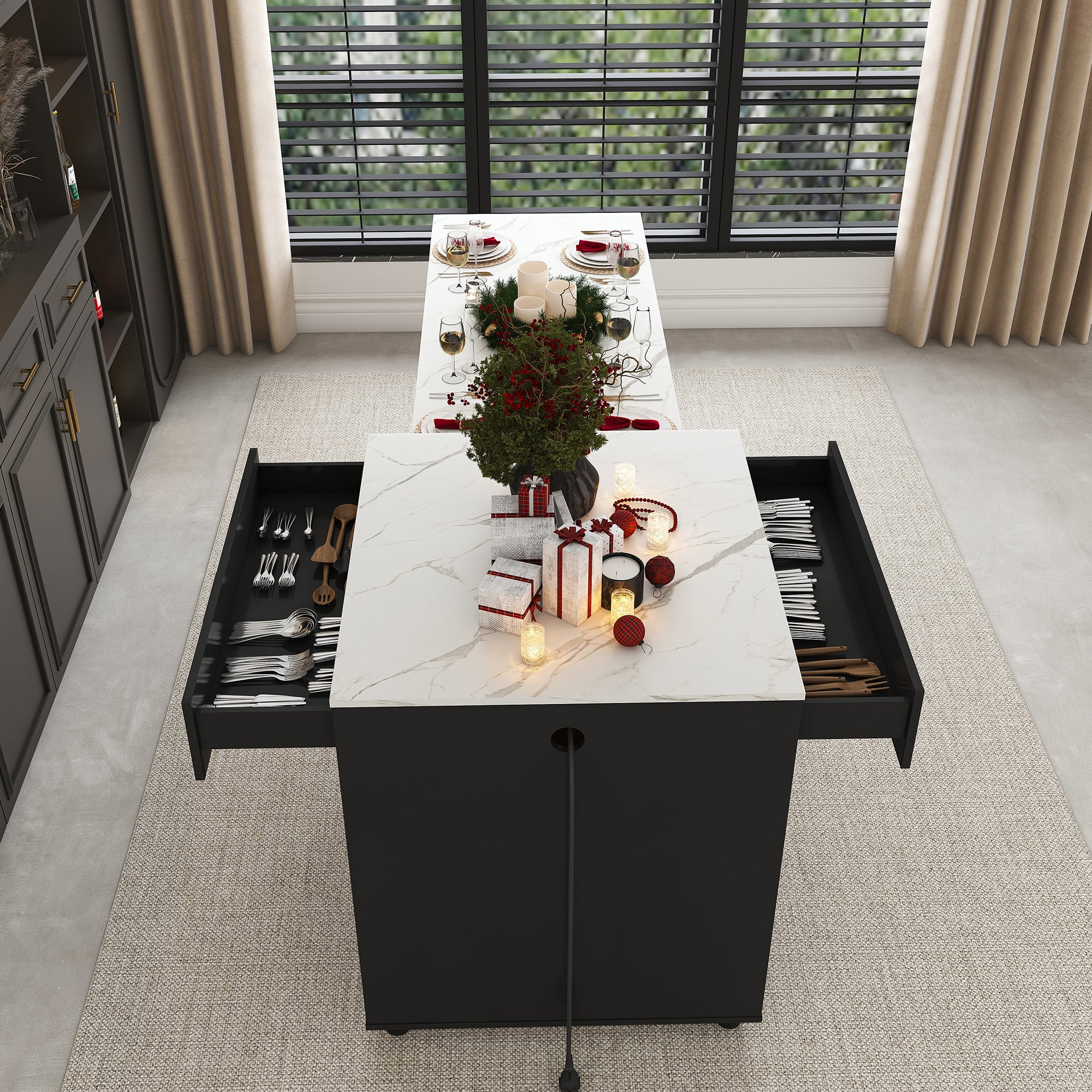 Black Expandable Kitchen Island with Marble - Grain Countertop, Power Outlet, Mobile Storage Cart with Cabinet & 2 Drawers, 80 - Inch Dining Table - Anthony & Home
