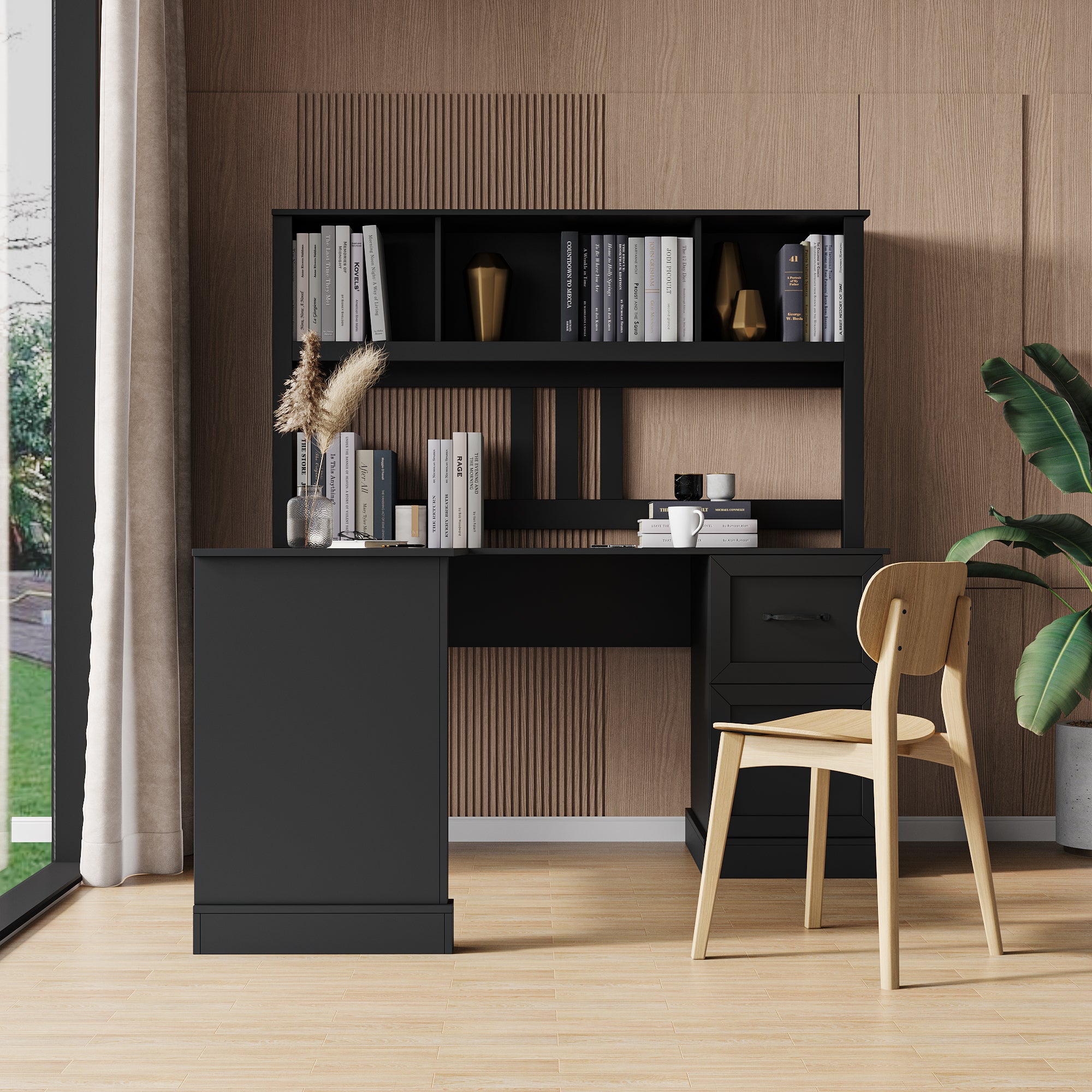 Antiqued black home office computer desk with hutch from Anthony & Home Studio Collection, featuring a classic, elegant design.