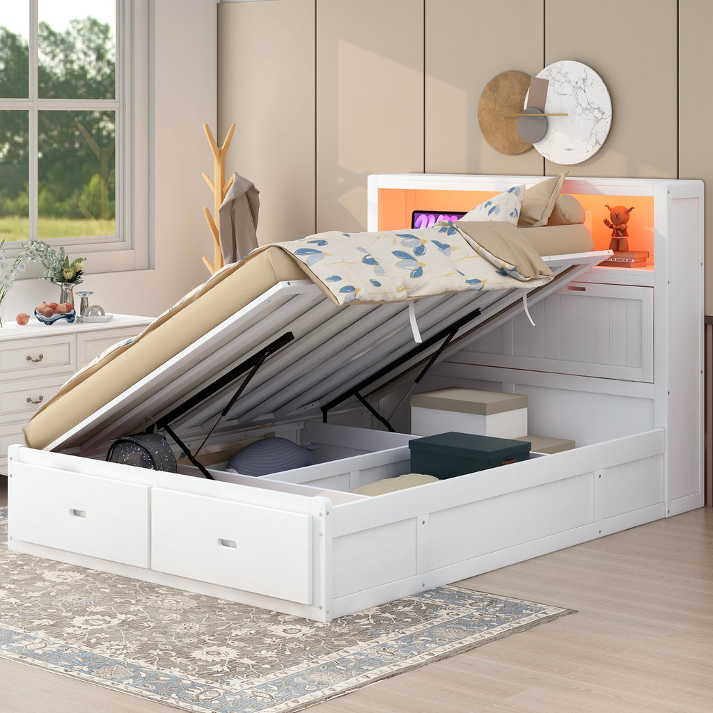 Solid Wood Queen Platform Bed With Storage LED Headboard And Charging Station 2 Drawers White Finish Signature Edition