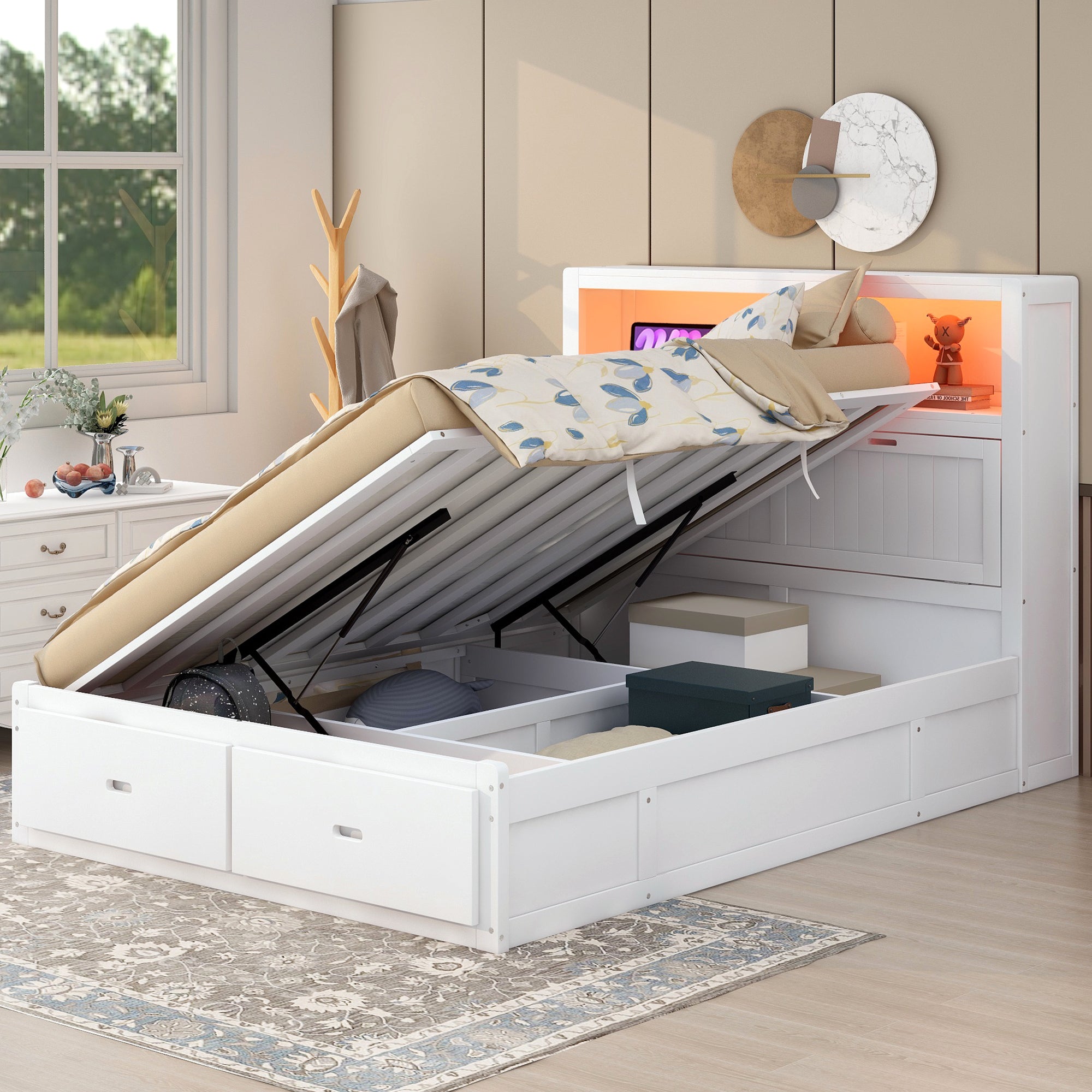 Solid Wood Queen Platform Bed With Storage LED Headboard And Charging Station 2 Drawers White Finish Signature Edition