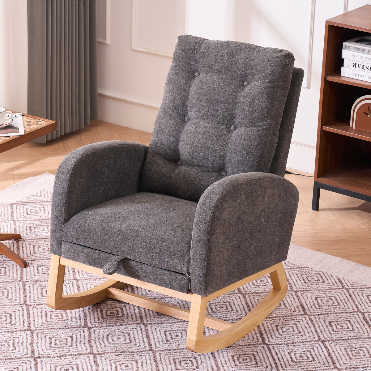 Gray rocking chair with footrest made of rubber wood, designed for studio use by Anthony & Home.