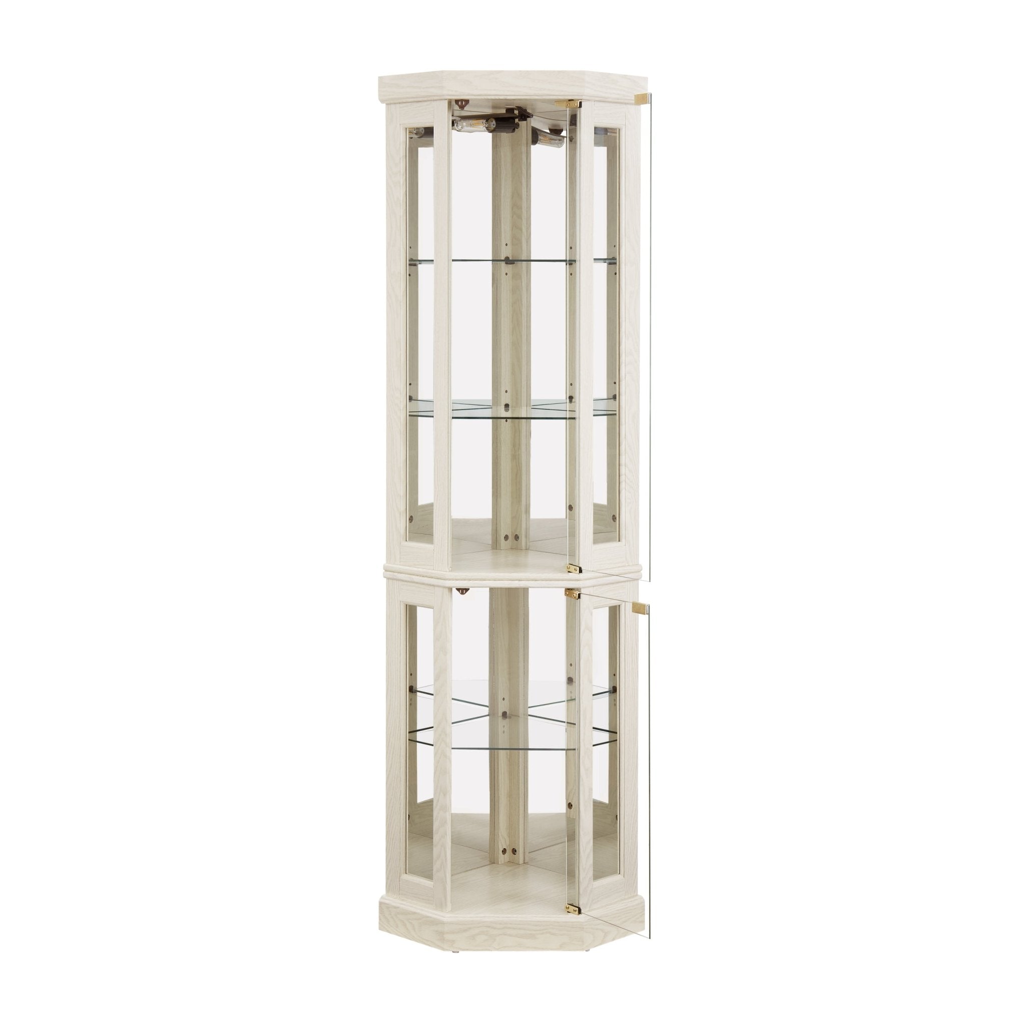 Lighted Anthony & Home curio cabinet with curved silhouette, limited edition display case showcasing glass shelves and interior lighting.