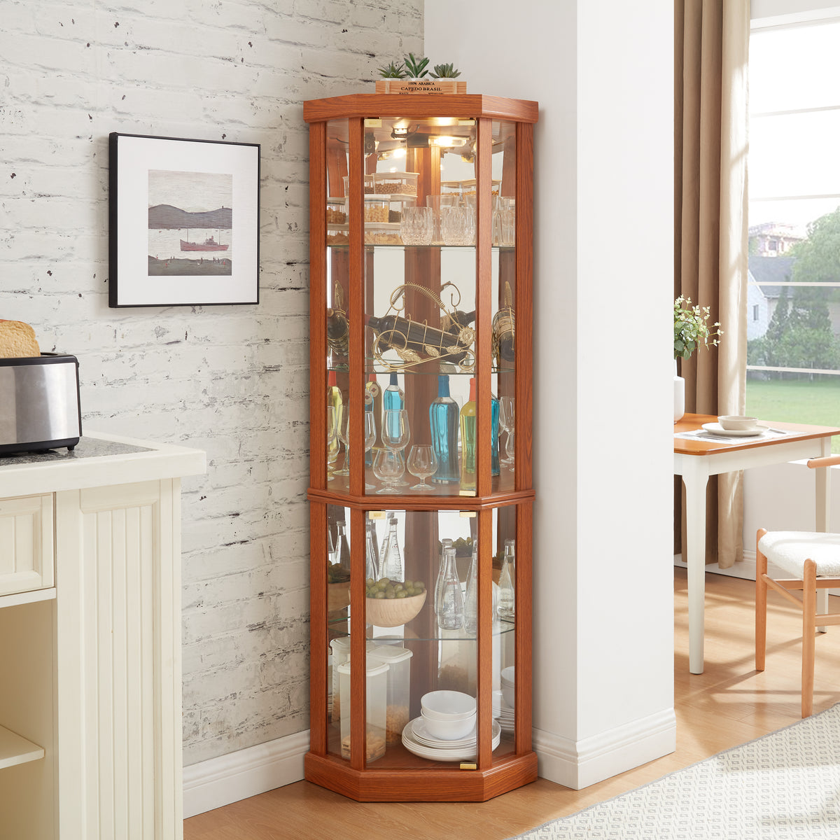 Dark oak corner lighted curio cabinet by Anthony & Home featuring glass doors and interior lighting for displaying collectibles.