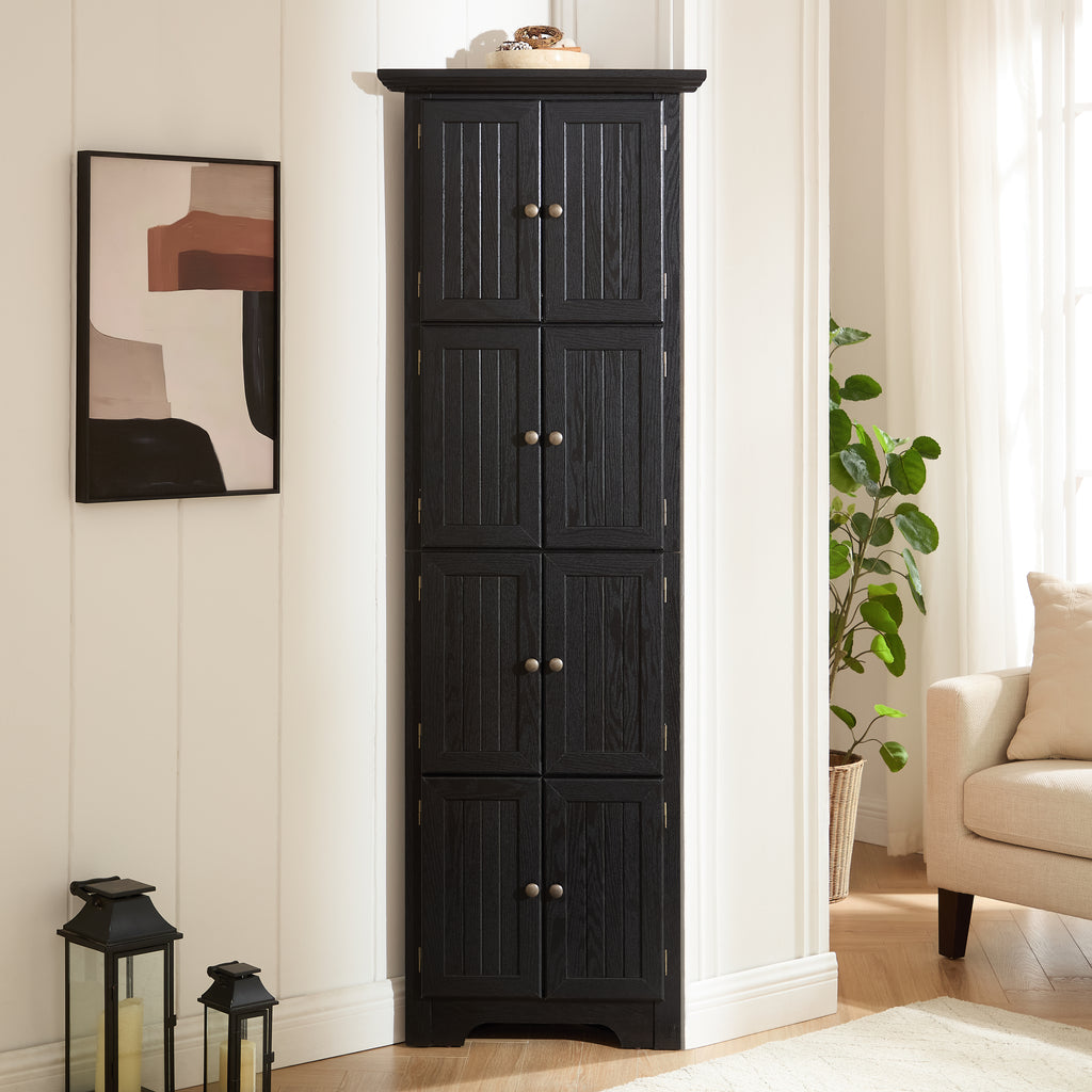 Corner pantry cabinet in matte black finish from Anthony & Home Studio Collection, featuring shelves and storage space.