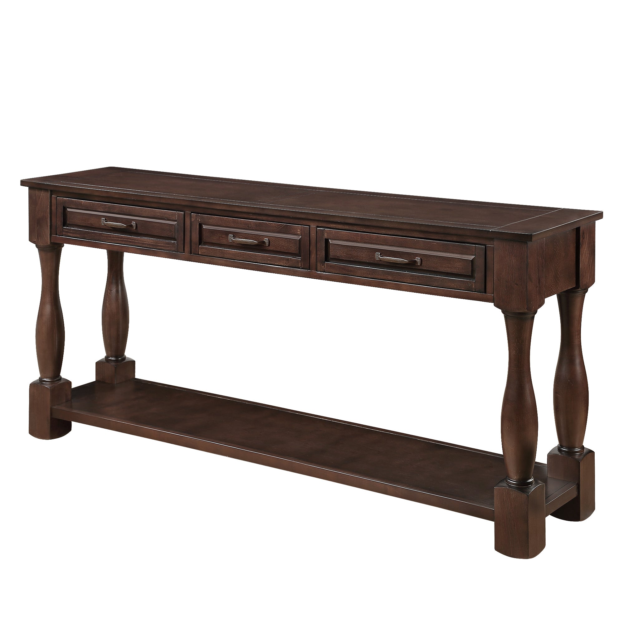 Anthony & Home 63-inch light espresso wood console table with three drawers, ideal for entryways and home decor.