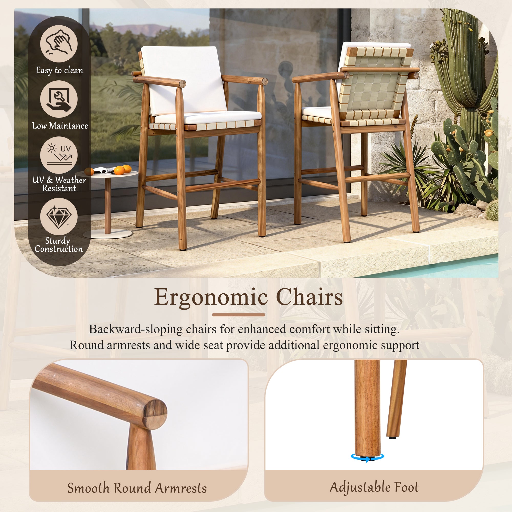 Pair of Anthony & Home acacia outdoor counter stools with backrests, set of 2, featuring natural wood finish and modern design.