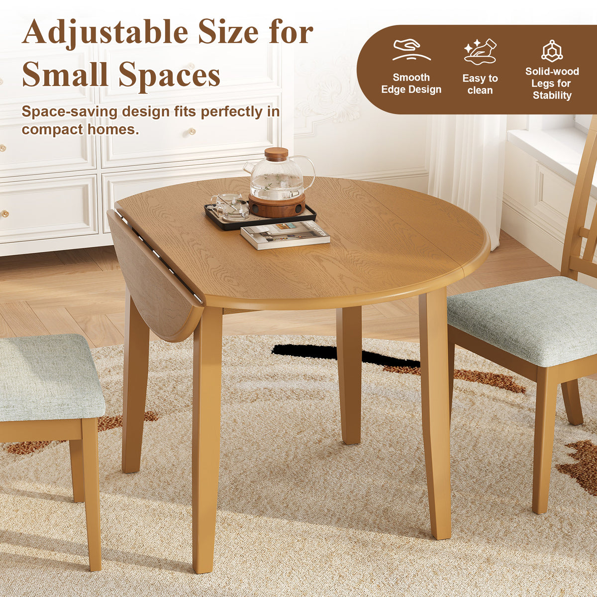 Extendable round dining table made of solid wood by Anthony & Home, showing the table's smooth surface and adjustable size.