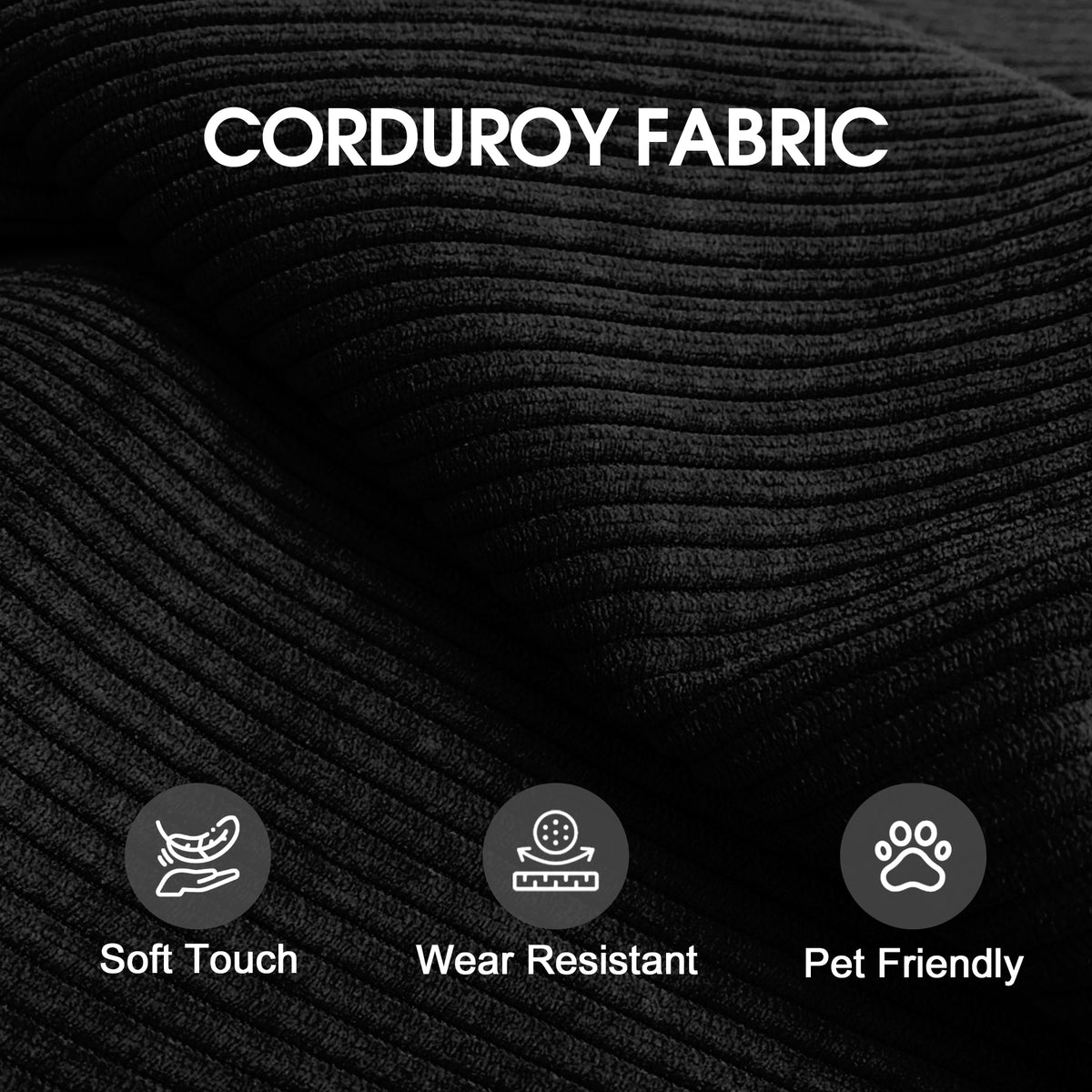Black corduroy convertible sofa bed from Anthony & Home's Atelier Collection, showing the sofa in its raised bed position.