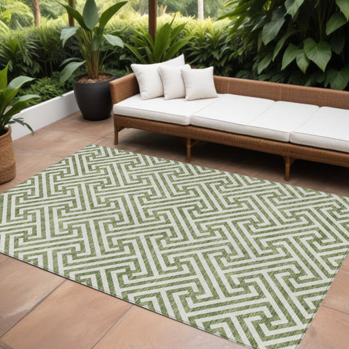 10' X 14' Green And Beige Geometric Washable Indoor Outdoor Area Rug-0