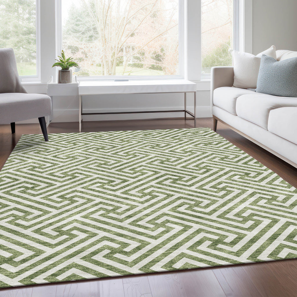 10' X 14' Green And Beige Geometric Washable Indoor Outdoor Area Rug-7